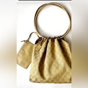 Authentic Vintage Gucci GG Monogrammed Shoulder Bag. Hoop Ring Bucket Bag.
